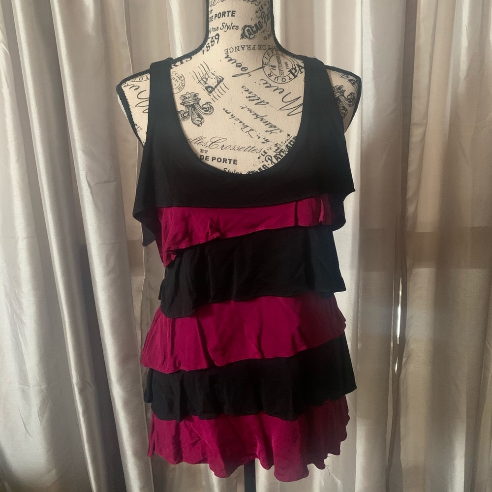 INC Pink and Black Ruffled Tank Top